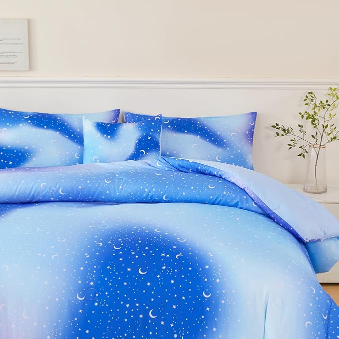 URBONUR 6Pcs Gradient Glitter Comforter Set for Girls Twin Size Blue Galaxy Kids Bedding Set for Boys Comforter Sets Soft Bed in A Bag Twin (Ombre Blue)