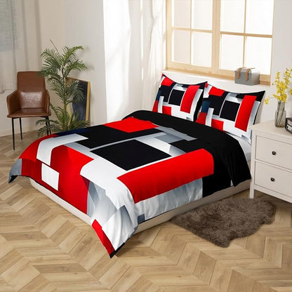 Castle Fairy 3D Geometric Duvet Cover Set Twin Size,Red Black Grey Abstract Square Comforter Cover for Kids Boys Bedroom Xmas Gift,Colorful Plaid Print Bedding Set with 1 Pillowcase Bedspread, Soft