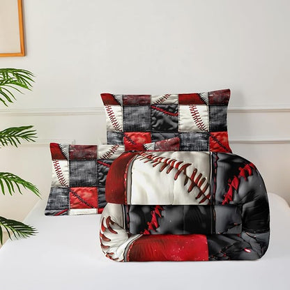 Red and Black Plaid Comforter Set Full，Baseball Bedding Set Full Red and Black，Sport Quilt for Boys，with 1 Comforter with 2 Pillow Case