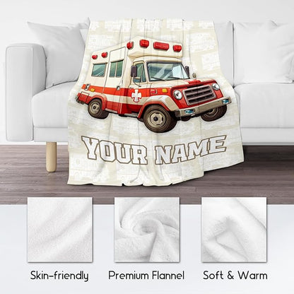 Personalized Ambulance Blanket, Cozy Soft Throw Gifts for Kids, Cute White Flannel Throw Blankets for Bed Couch, 60x80 Inches