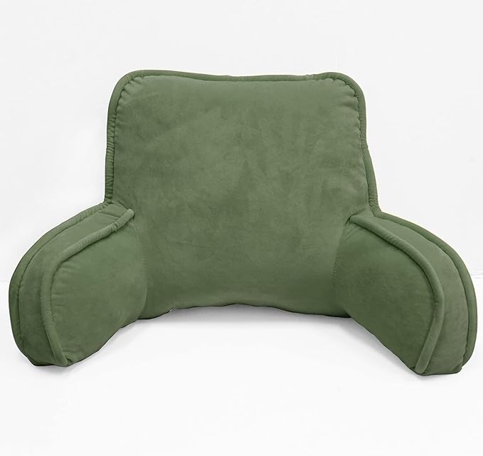 Super Soft Velvety Backrest Reading Bed Rest Pillow with Arms and Pockets 18" H for Sitting in Bed Couch Sofa, Back Support Wedge Cushion with Removable Cover, 20" x 18" x17", Avocado