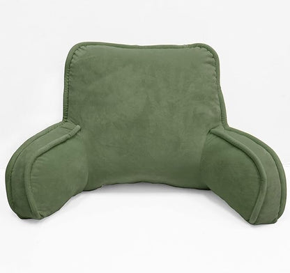 Super Soft Velvety Backrest Reading Bed Rest Pillow with Arms and Pockets 18" H for Sitting in Bed Couch Sofa, Back Support Wedge Cushion with Removable Cover, 20" x 18" x17", Avocado