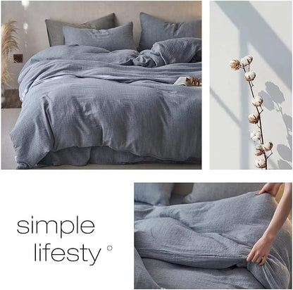 BuLuTu Gray Blue Muslin Cotton Duvet Cover Full Gauze Quilt Cover with Pillow Cases for All Seasons Minimalist Comforter Cover Set, Soft Comfort Bedding, Machine Washable