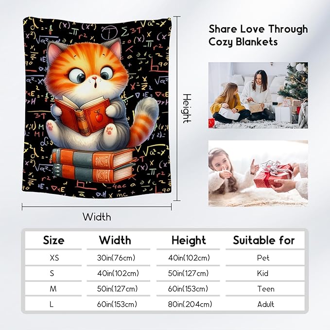 Cat Blankets for Girls - Kids Blanket Gifts for Book Lovers - 50x60 Inch Cozy Soft Flannel Cute Throw for Couch, Office Bed