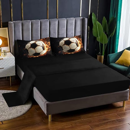 Soccer Print Comforter 7Pcs Gaming Sport Flame Soccer Bedding Set for Kid Teen Girl Boy Adult Sports White Black Football Quilt Bed Set Full with 2 Sheets,2 Pillowcases,2 Throw Pillow Covers