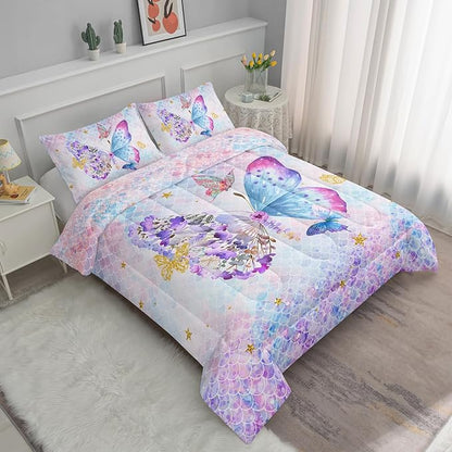 Axolotl Butterfly Bedding King,Rainbow Butterflies Comforter Set for Girls Teens,Butterfly Bedding for Girls with Golden Star Scales,Watercolor Butterflies Quilt Set with 1 Comforter 2 Pillowcases