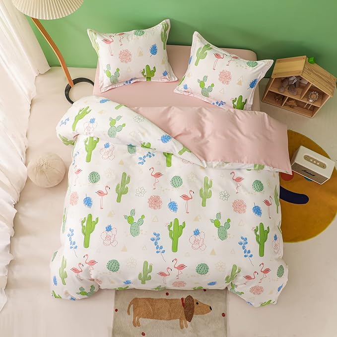 Simple&Opulence 100% Organic Cotton Duvet Cover for Kids Teens, 3 Pieces Soft Comforter Cover with Zipper Closure Warm Adorable Flamingo Bedding Set - Cactus, Twin
