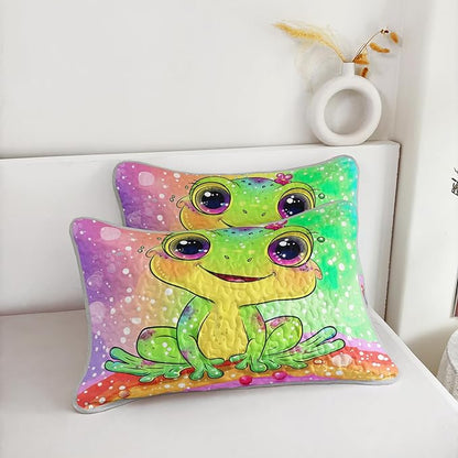 AILONEN Cartoon Frog Quilt Full Size Bedding Set & 2 Pillowcases,Rainbow Bedspread Coverlet,3Pcs Kawaii Colorful Frog Quilt Set for Kids Boys Girls,All Season