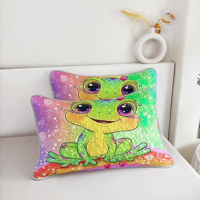 AILONEN Cartoon Frog Quilt Queen Size Bedding Set & 2 Pillowcases,Rainbow Bedspread Coverlet,3Pcs Kawaii Colorful Frog Quilt Set for Kids Boys Girls,All Season