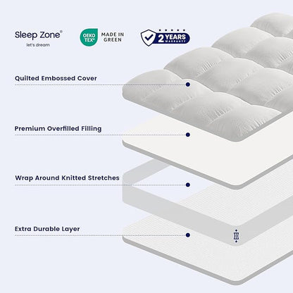 SLEEP ZONE Mattress Topper Twin Size, Extra Thick Fitted Mattress Pad for Back Pain, Plush and Support Mattress Cover, Deep Pockets Mattress Protector, Hotel Quality (White, Twin)