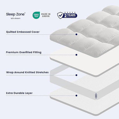 SLEEP ZONE Mattress Topper Twin XL Size, Extra Thick Fitted Mattress Pad for Back Pain, Plush and Support Mattress Cover, Deep Pockets Mattress Protector, Hotel Quality (White, Twin XL)