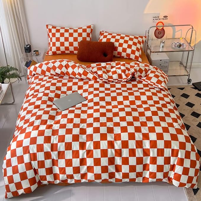 Wellboo Orange White Plaid Comforter Sets Queen Women Girls Light Red Checkerboard Bedding Comforters Cotton Rust Caramel and White Checkered Geometric Quilts Adults Modern Grid Abstract Simple Bed