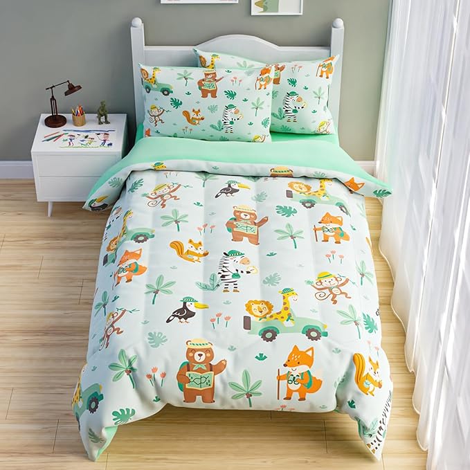 SANDJEST Jungle Animal Comforter Set Full Size 98x86in for Kids Boys, Microfiber 4 Pcs Bedding Set Includes 1 Comforter, 2 Pillowcases, 1 Fitted Sheet, Nursery Room Decor