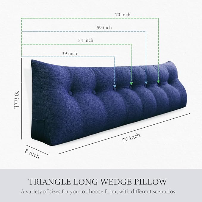 Headboard Pillow Wedge Full Size Large Bolster Pillow for Bed Triangle Reading Pillow Back Support Pillow for Sitting Up in Bed XXL Couch Daybed Rest Backrest Cushion Linen Blue