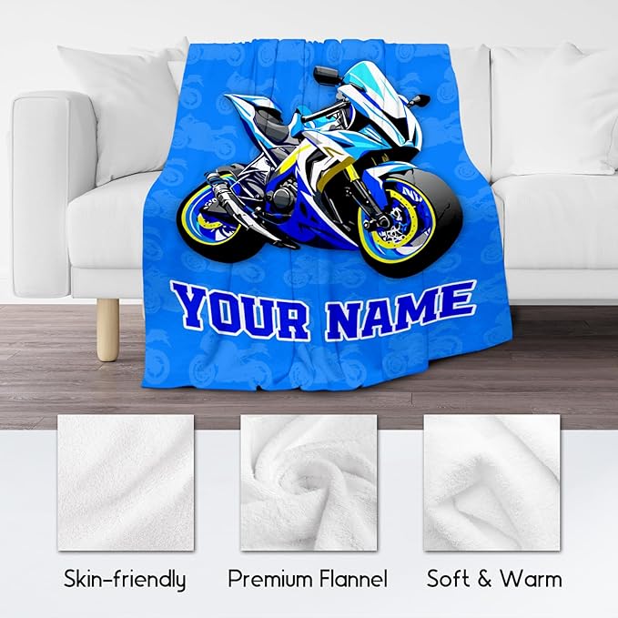 Kids Blanket for Boys, Personalized Cozy Soft Motorcycle Blanket Gifts for Kids, Cute Flannel Throw for Bed Couch, 60x80 Inches