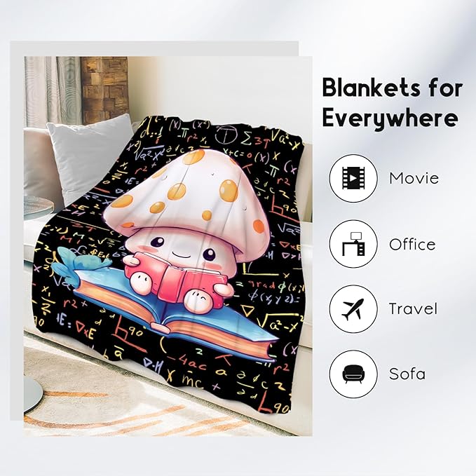 Girls Blankets - Mushroom Blanket Gifts - 60x80 Inch Cute Cozy Soft Flannel Reading Throw for Couch, Office Bed
