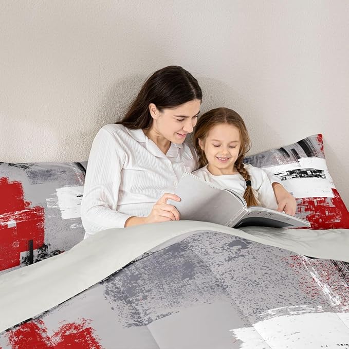 Feelyou Abstract Bedding Set Comforter Set for Kids Boys Children Modern Abstract Art Comforter Ultra Soft Decor Red Grey White Duvet Set Full Size