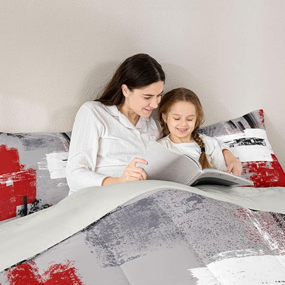 Feelyou Abstract Bedding Set Comforter Set for Kids Boys Children Modern Abstract Art Comforter Ultra Soft Decor Red Grey White Duvet Set King Size