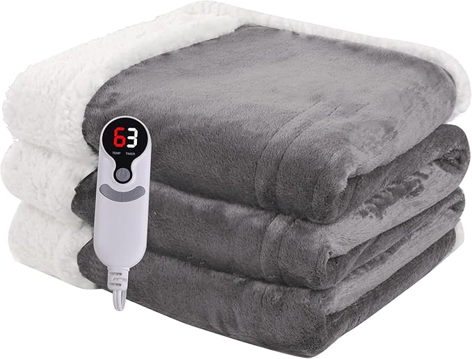 Heated Blanket Electric Throw 50''x60'', 3 Hour Auto Shut-Off 6 Heating Levels Small Warm Soft Flannel Electric Blanket Machine Washable - Light Grey