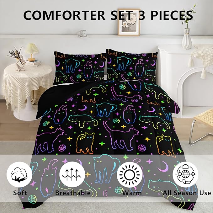 Axolotl Neon Cat Bedding Comforter Set King,Cartoon Gradient Line Cat Bedding,Colorful Neon Cats Animal Bed Set,Moon Stars Printed Kids Bedding for Boys Girls Adults,1 Quilt 2 Pillow Cases,Black