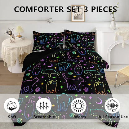 Axolotl Neon Cat Bedding Comforter Set King,Cartoon Gradient Line Cat Bedding,Colorful Neon Cats Animal Bed Set,Moon Stars Printed Kids Bedding for Boys Girls Adults,1 Quilt 2 Pillow Cases,Black