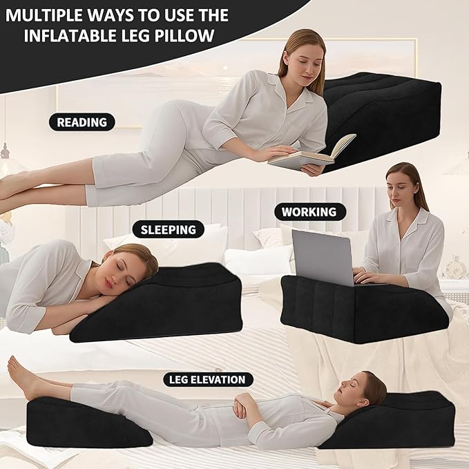Inflatable Wedge Pillow for Leg Swelling – Leg Elevation Pillow for After Surgery & Circulation, Inflatable Leg Support Pillow with Adjustable Silk Sleep Mask for Travel,Reading,Bed & Sofa Comfort