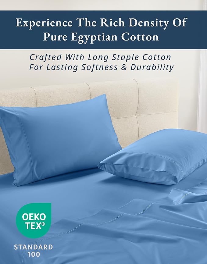 LANE LINEN 100% Egyptian Cotton King Bed Sheets, No Pill Cooling Sheets King Size, Soft & Comfy Sateen Weave for Silky Smooth Finish, Available in Variety of Colors - Blue Jasper
