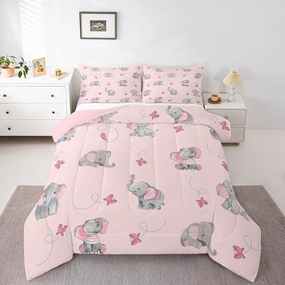Cute Elephant Full Size Comforter Set,Pink Butterfly Cartoon Wildlife Reversible Bedding Set Bedroom Collection,Watercolor Grey Animal Kawaii Soft Quilted Duvet for Girls Teens