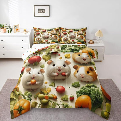 Castle Fairy 3D Guinea Pig Comforter Set Twin Size Kawaii Wild Animal Bedding Set Kids Boys Girls Vegetables Fruit Leaves All Season Quilt Set Cute Wildlife Bedding Comforter Sets,2Pcs