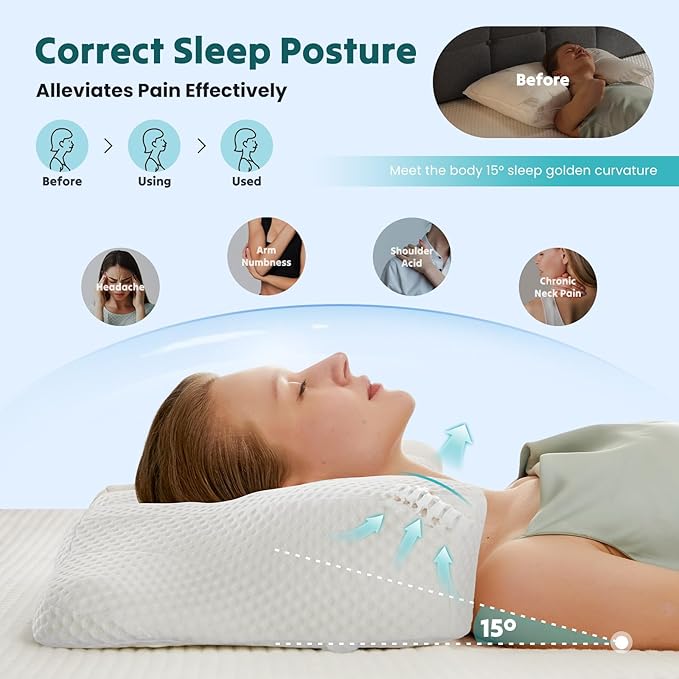 Smug Cervical Neck Pillow, Cooling Ergonomic Memory Foam Pillows for Neck Pain Relief with Breathable Pillowcase, Dual Height Orthopedic Support Contour Pillow for Side, Stomach Sleepers, White