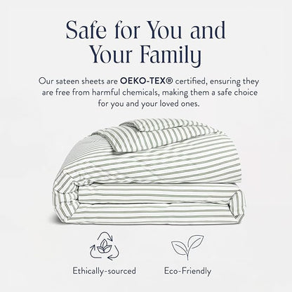 Brooklinen Luxury Sateen Duvet Cover - 100% Cotton, Twin/Twin XL Size in Green Tandem Stripe with Extra-Long Corner Ties and Button Closure - Best Twin/Twin XL Duvet Covers