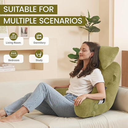 Portable Reading Pillows with Headrest for Bed Sitting Up(Pale Green Oeko-Tex), Velvet Back Pillow with Arms & Pockets for Adults, Support Memory Foam Bed Pillow for Dorm/Watching/Gaming