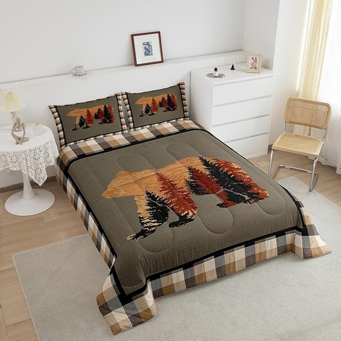 Feelyou Cute Bear Comforter Set Wild Animal Pattern Bedding Set for Teens Nature Wildlife Bear Bedding Set Western Farmhouse Orange Grey Duvet Set Room Decor Queen Size Duvet Set 3Pcs