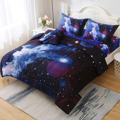 6Pcs Galaxy Comforter Set with Sheets for Kids Boys Girls Teens, Outer Space Themed Bed in a Bag Queen Size, Dark Blue 3D Printed Bedroom Decor Bedding Set