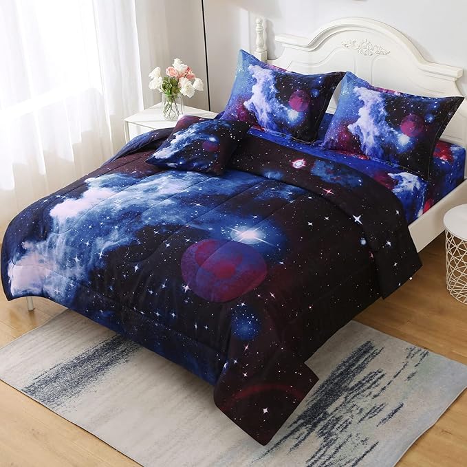6Pcs Galaxy Comforter Set with Sheets for Kids Boys Girls Teens, Outer Space Themed Bed in a Bag Twin Size, Dark Blue 3D Printed Bedroom Decor Bedding Set