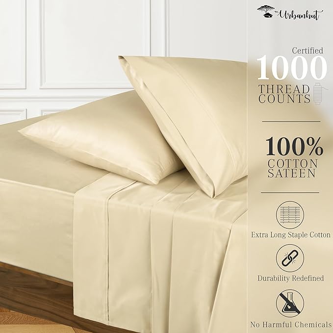 URBANHUT 1000 Thread Count Queen Size Egyptian Cotton Sheets, Long Staple Soft & Breathable, 4 Pc Bed Sheet Sets, Luxury Hotel Sateen Sheets Fits 16" Deep Pocket - Sand