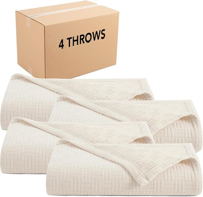 Arkwright Basket Weave Throw Blanket - Case of 4-100% Ringspun Cotton All Season Throws, Luxury Hotel Quality, Soft on Skin, Breathable, 300 GSM for Bed, Sofa, and Chair, 50 X 70 in, Beige