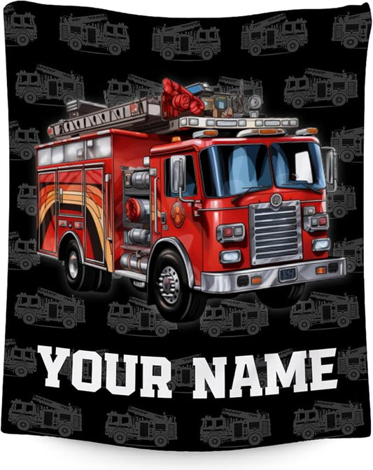 Toddler Blankets for Boys, Personalized Cozy Soft Fire Truck Throw Gifts for Kids, Black Flannel Firefighter Blankets for Couch Office, 30x40 Inches