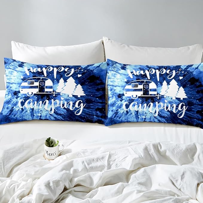 Happy Camping Camper Full Size Duvet Cover Set,Watercolor Blue Tie Dye Duvet Cover for Girls Teens Decorative Bedroom,Farmhouse Boho Trippy Art Polyester Quilt Cover with 2 Pillowcases