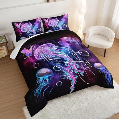 HOSIMA Jellyfish Printed Comforter Ocean Theme Bedding Set 3 Piece,Universe Starry Sky King Size Comforter Set Galaxy Bedding Room Decor Butterfly Comforter for Kids Teens Adult.