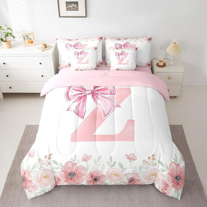 Erosebridal Initial Z Bed in A Bag Queen,Cute Pink Bow Bedding Sets, Spring Flower Floral Comforter Set with Sheets for Girls, Dreamy Princess Style Bed Set Bedroom Decor 7 Pieces