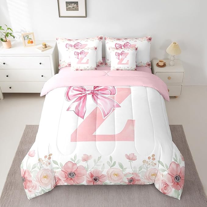 Erosebridal Initial Z Bed in A Bag Twin,Cute Pink Bow Bedding Sets, Spring Flower Floral Comforter Set with Sheets for Girls, Dreamy Princess Style Bed Set Bedroom Decor 7 Pieces