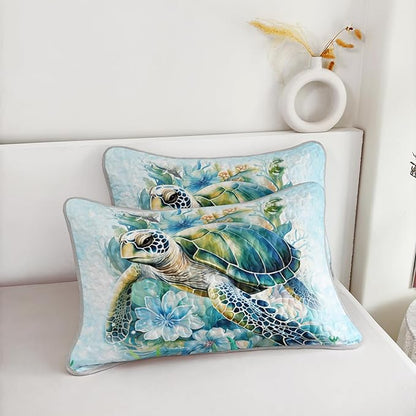 AILONEN Sea Turtle Quilt Set Full Size,Blue Green Flower Bedspread Coverlet,Ocean Theme Bedding Set Printed with 2 Pillowcases,Soft Microfiber Bed Cover