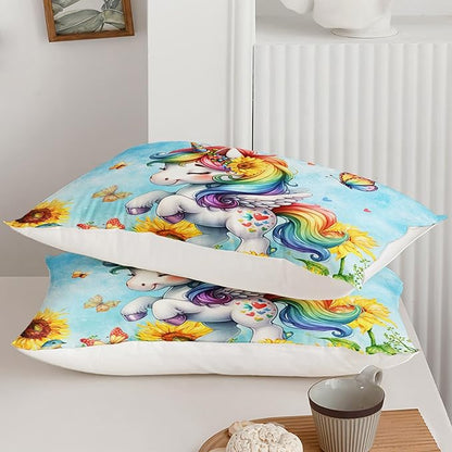 Cute Unicorn Comforter Set Twin Size, Yellow Sunflower Unicorn Bedding Set 3pcs for Kids Girls, Soft Polyester Bedding