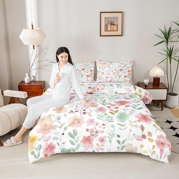 Erosebridal Cute Floral King Comforter Set,Pink Beige Flower Bedding Set for Kids Girls Women,Boho Flowers Wildflower Quilt,Botanical Plant Green Leaf Bedroom Decor,2 Pillowcases Breathable