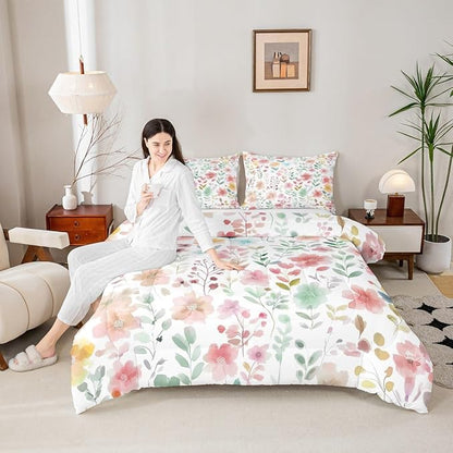 Erosebridal Cute Floral Full Comforter Set,Pink Beige Flower Bedding Set for Kids Girls Teen,Boho Flowers Wildflower Quilt,Botanical Plant Green Leaf Bedroom Decor,2 Pillowcases Breathable