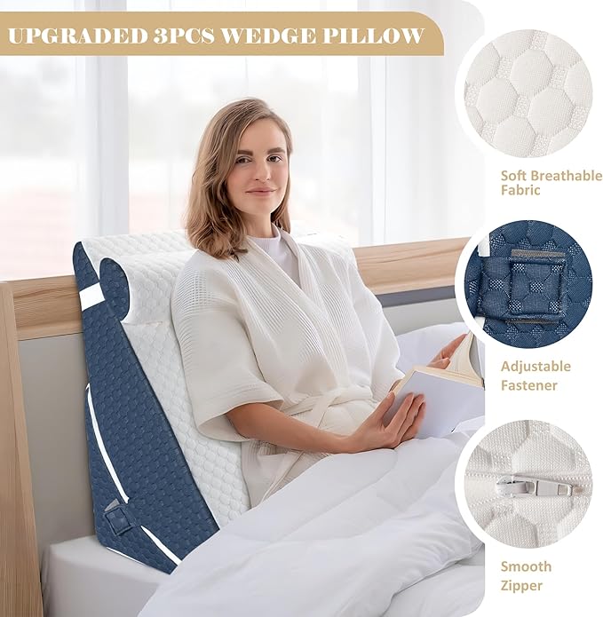 Bed Wedge Pillow for Sleeping, Adjustable Wedge Pillow Set for After Surgery, Elevated Triangle Pillow for Acid Reflux and Back Pain Relief, Post Surgery, Sleep Apnea, Back Suppor