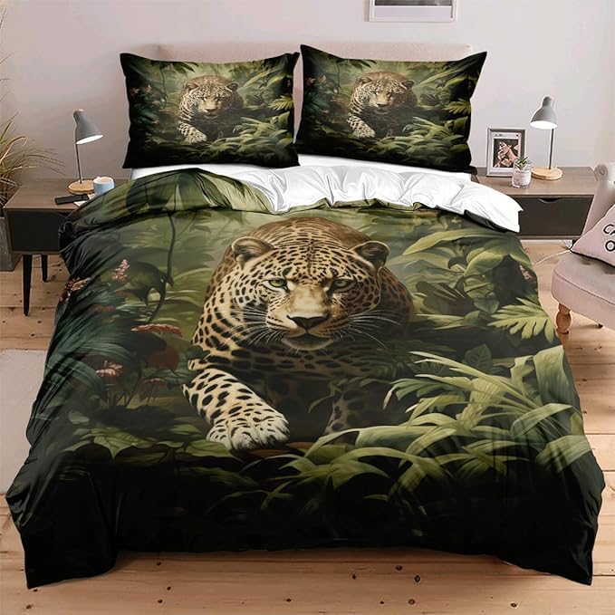 Leopard Print Duvet Cover Set Twin Size 3D Wild Animals Leopard Jungle Print Bedding Set with 2 Pillowcases for Kids Teens Adults Room Decor,Green Yellow