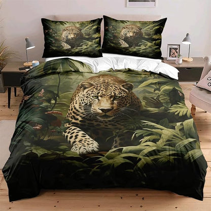 Leopard Print Duvet Cover Set Twin Size 3D Wild Animals Leopard Jungle Print Bedding Set with 2 Pillowcases for Kids Teens Adults Room Decor,Green Yellow