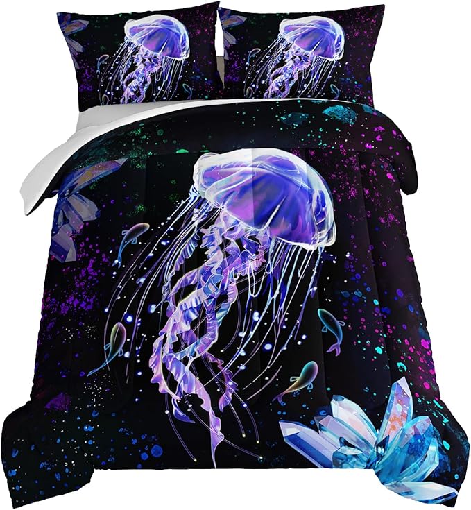 HOSIMA Ocean Theme Comforter 3 Piece,Deep Sea Treasure Crystals Jellyfish Comforter Full Size Bed in a Bag Preppy Bedding Set,Dreamy Marine Life Colored Ink Comforter Galaxy Bedding.